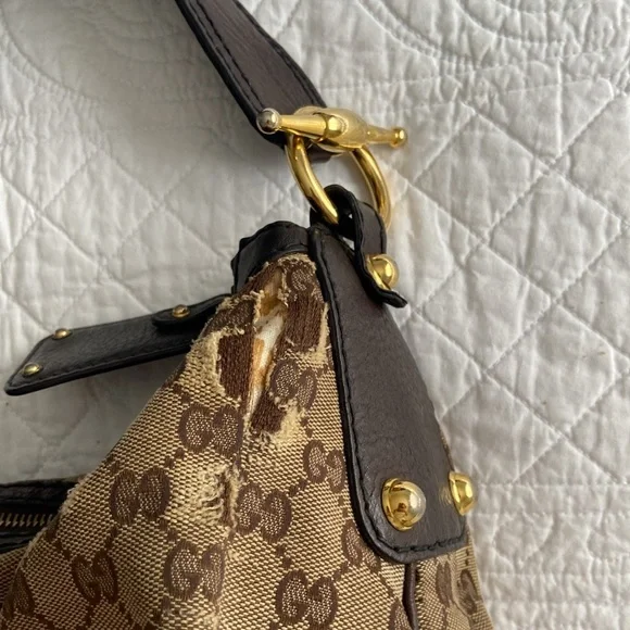 Gucci Jockey GG Monogram Canvas Brown Pebbled Leather Hobo Shoulder Bag - Picture 9 of 16